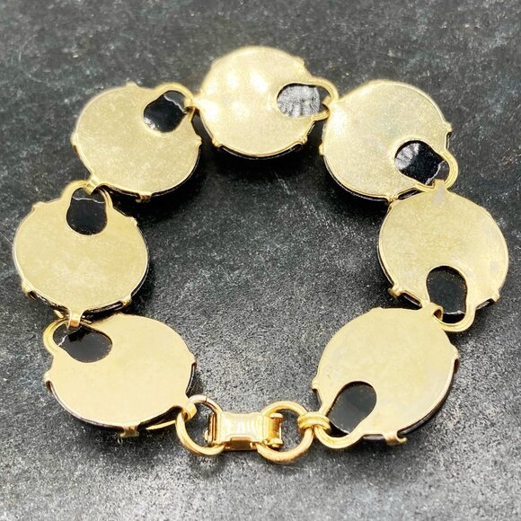 VINTAGE Black plastic and gold toned metal domed disk bracelet 1950s 1960s goth - Picture 8 of 11